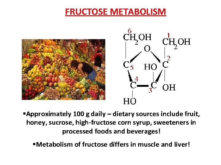 FRUCTOSE METABOLISM §Approximately 100 g daily – dietary sources include fruit, honey, sucrose, high-fructose