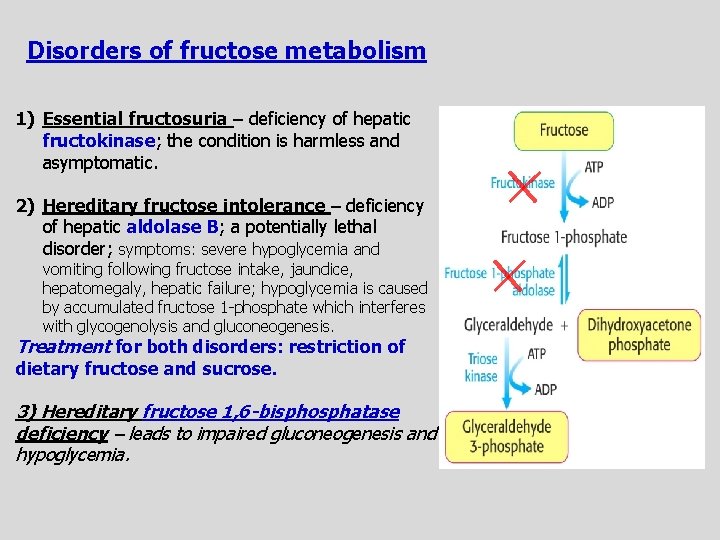 Disorders of fructose metabolism 1) Essential fructosuria – deficiency of hepatic fructokinase; the condition