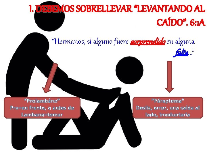 I. DEBEMOS SOBRELLEVAR “LEVANTANDO AL CAÍDO”. 6: 1 A “Hermanos, si alguno fuere sorprendido