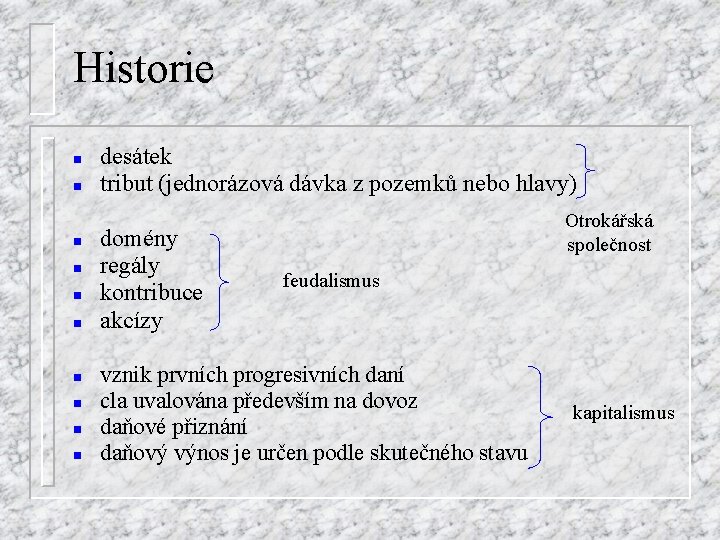 Historie n n n n n desátek tribut (jednorázová dávka z pozemků nebo hlavy)
