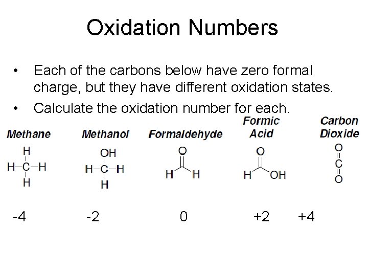 Oxidation Numbers • • -4 Each of the carbons below have zero formal charge,
