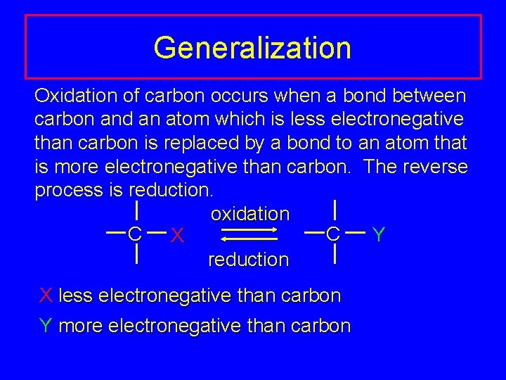 Generalization Oxidation of carbon occurs when a bond between carbon and an atom which