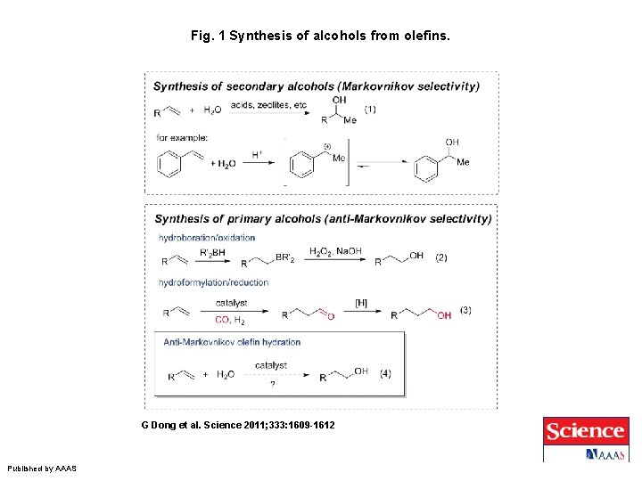 Fig. 1 Synthesis of alcohols from olefins. G Dong et al. Science 2011; 333: