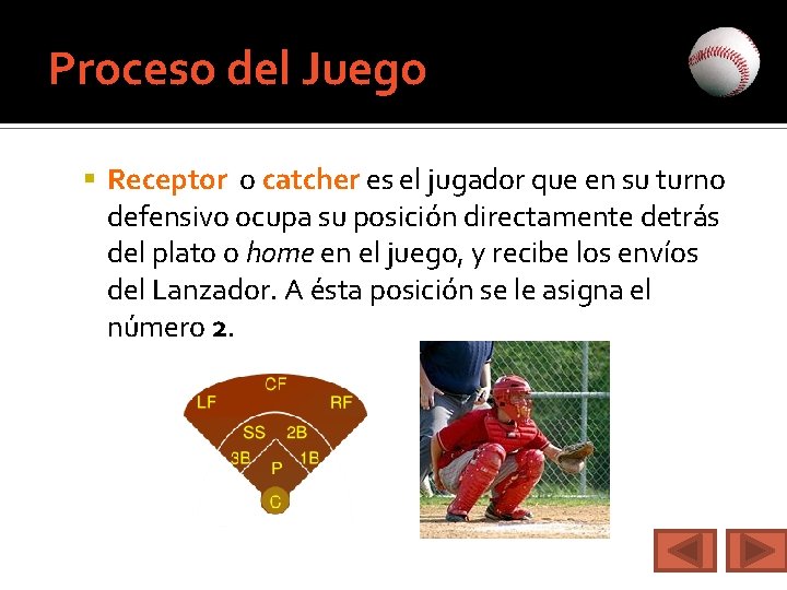 Proceso del Juego Receptor o catcher es el jugador que en su turno defensivo