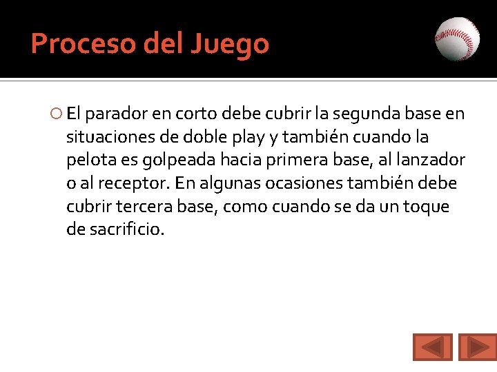 Proceso del Juego El parador en corto debe cubrir la segunda base en situaciones