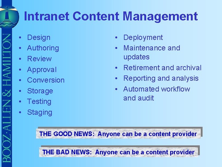 Intranet Content Management • • Design Authoring Review Approval Conversion Storage Testing Staging •