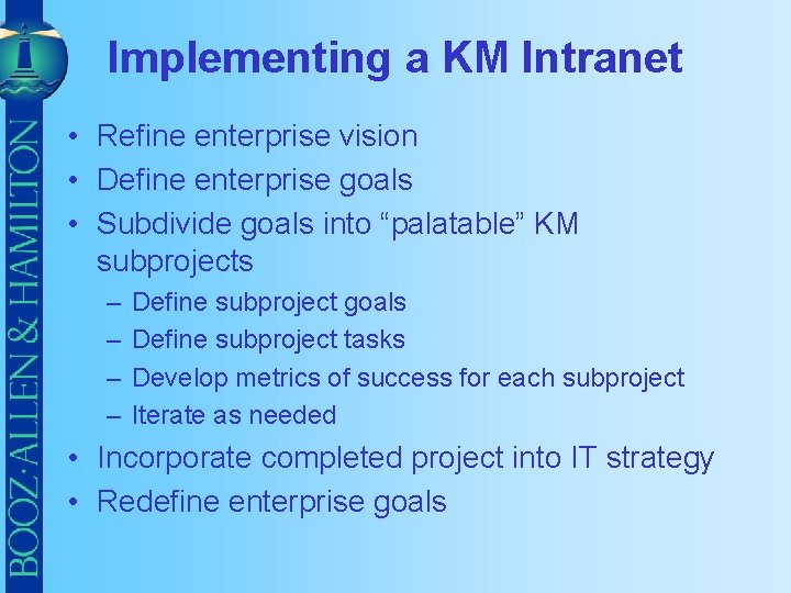 Implementing a KM Intranet • Refine enterprise vision • Define enterprise goals • Subdivide