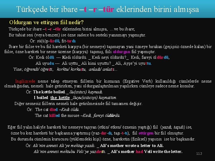 Türkçede bir ibare –t –r –tür eklerinden birini almışsa Oldurgan ve ettirgen fiil nedir?