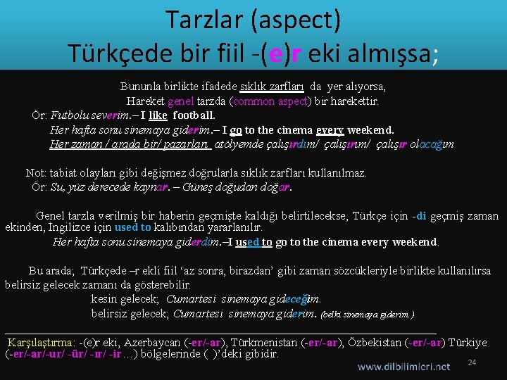 Tarzlar (aspect) Türkçede bir fiil -(e)r eki almışsa; Bununla birlikte ifadede sıklık zarfları da