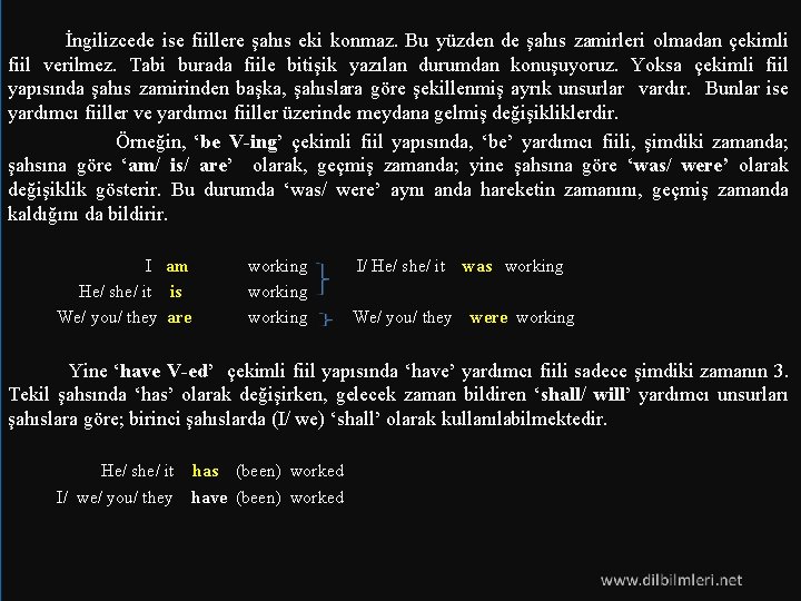  İngilizcede ise fiillere şahıs eki konmaz. Bu yüzden de şahıs zamirleri olmadan çekimli
