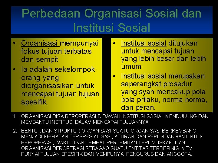 Perbedaan Organisasi Sosial dan Institusi Sosial • Organisasi mempunyai fokus tujuan terbatas dan sempit