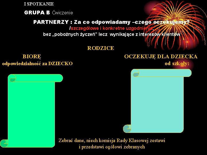 I SPOTKANIE GRUPA B Ćwiczenie PARTNERZY : Za co odpowiadamy –czego oczekujemy? /szczegółowe i