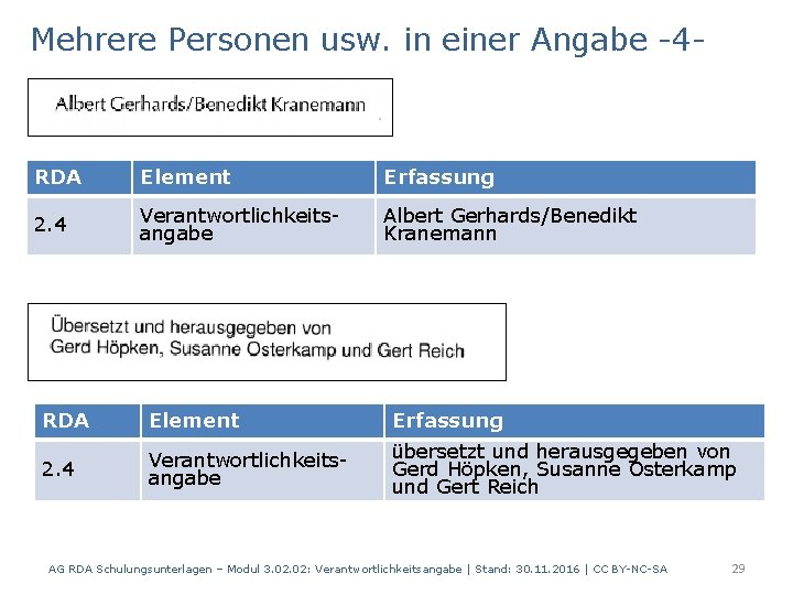 Mehrere Personen usw. in einer Angabe -4 - RDA Element Erfassung 2. 4 Verantwortlichkeitsangabe