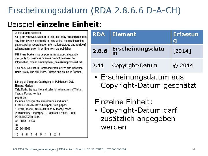 Erscheinungsdatum (RDA 2. 8. 6. 6 D-A-CH) Beispiel einzelne Einheit: RDA Element Erfassun g