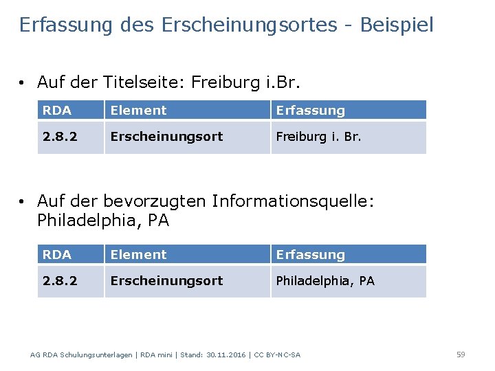 Erfassung des Erscheinungsortes - Beispiel • Auf der Titelseite: Freiburg i. Br. RDA Element