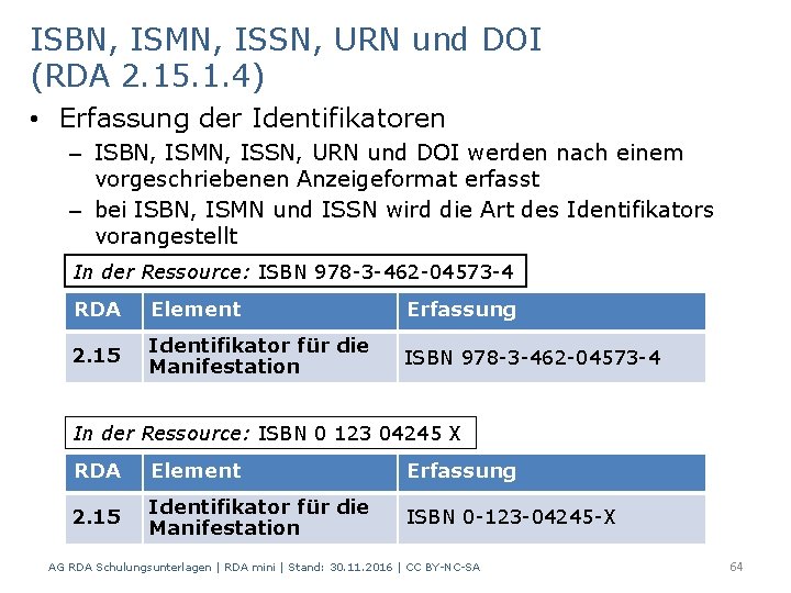 ISBN, ISMN, ISSN, URN und DOI (RDA 2. 15. 1. 4) • Erfassung der