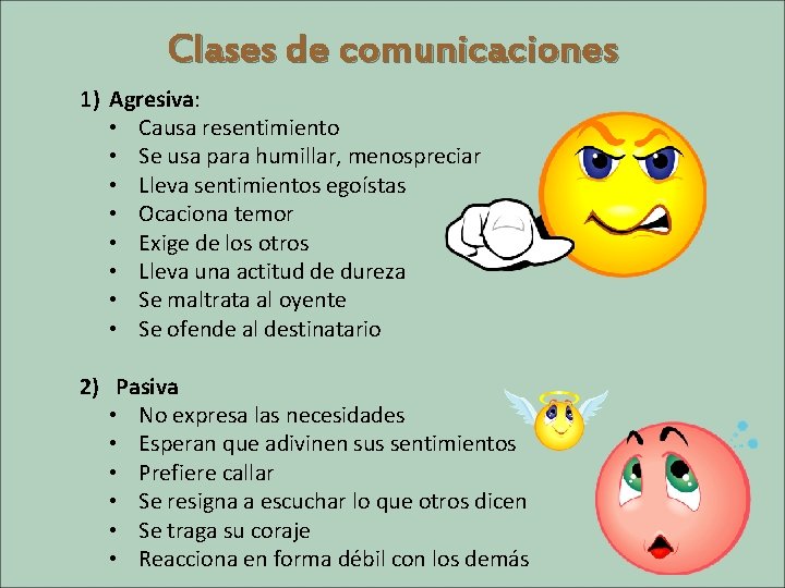 Clases de comunicaciones 1) Agresiva: • Causa resentimiento • Se usa para humillar, menospreciar