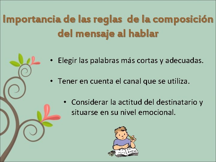 Importancia de las reglas de la composición del mensaje al hablar • Elegir las