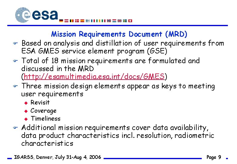 F F F Mission Requirements Document (MRD) Based on analysis and distillation of user