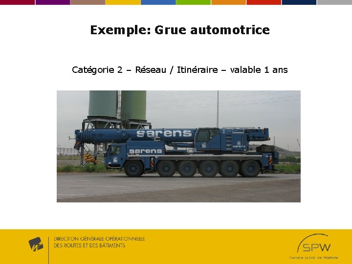 Exemple: Grue automotrice Catégorie 2 – Réseau / Itinéraire – valable 1 ans 