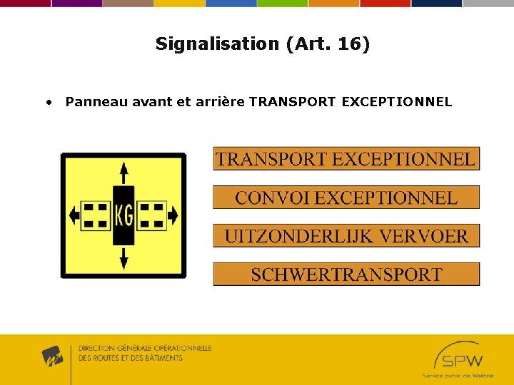 Signalisation (Art. 16) • Panneau avant et arrière TRANSPORT EXCEPTIONNEL 