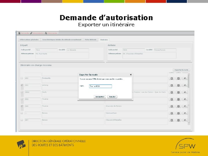 Demande d’autorisation Exporter un itinéraire 