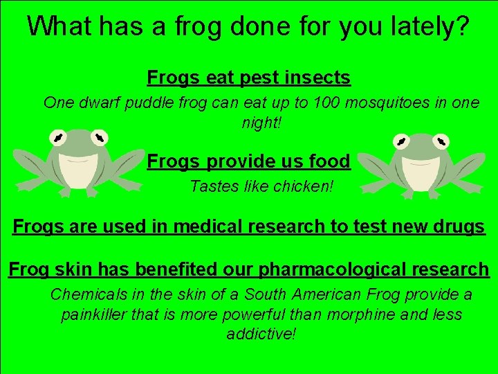 What has a frog done for you lately? Frogs eat pest insects One dwarf