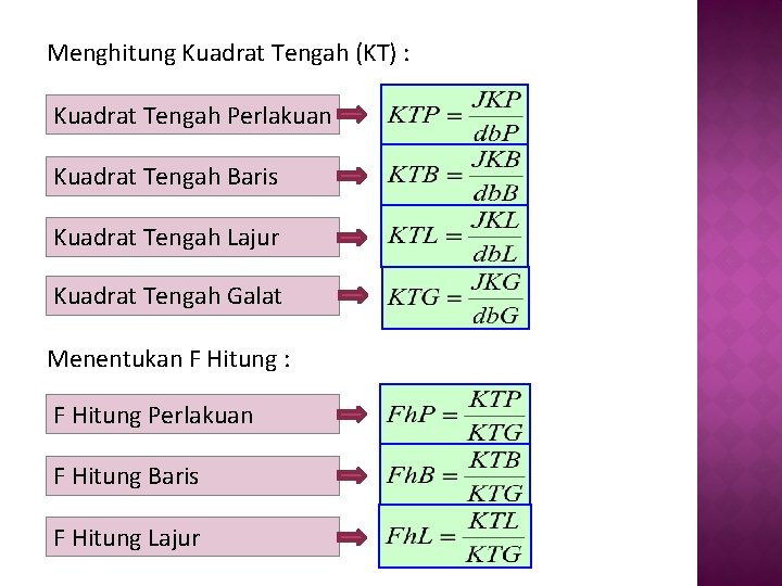 Menghitung Kuadrat Tengah (KT) : Kuadrat Tengah Perlakuan Kuadrat Tengah Baris Kuadrat Tengah Lajur