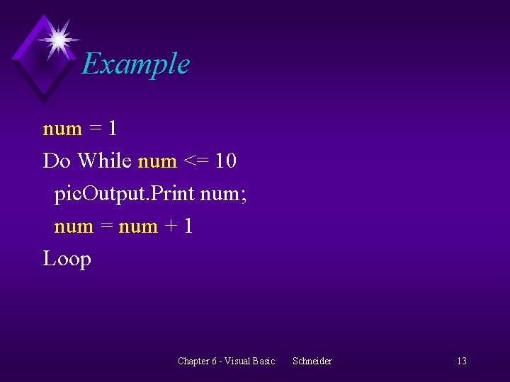 Example num = 1 Do While num <= 10 pic. Output. Print num; num
