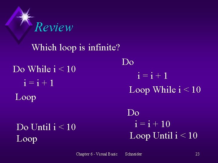 Review Which loop is infinite? Do While i < 10 i=i+1 Loop Do i=i+1