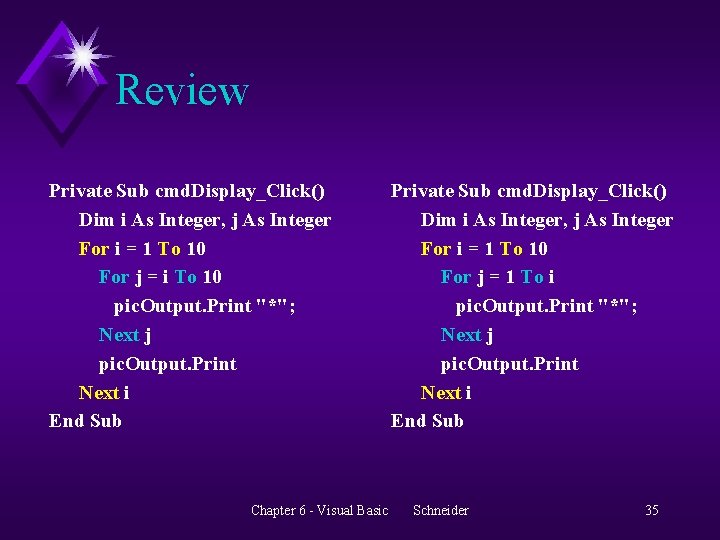 Review Private Sub cmd. Display_Click() Dim i As Integer, j As Integer For i