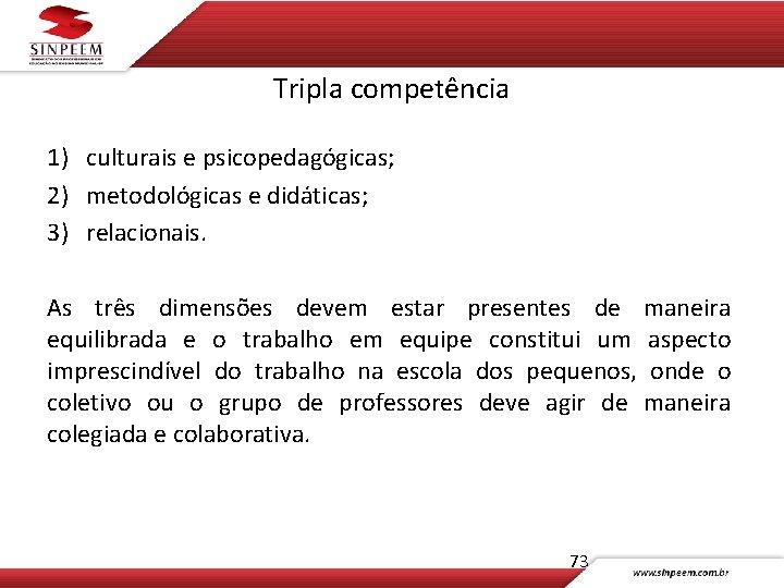 Tripla competência 1) culturais e psicopedagógicas; 2) metodológicas e didáticas; 3) relacionais. As três