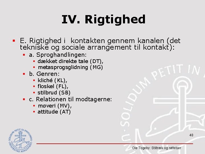 IV. Rigtighed § E. Rigtighed i kontakten gennem kanalen (det tekniske og sociale arrangement