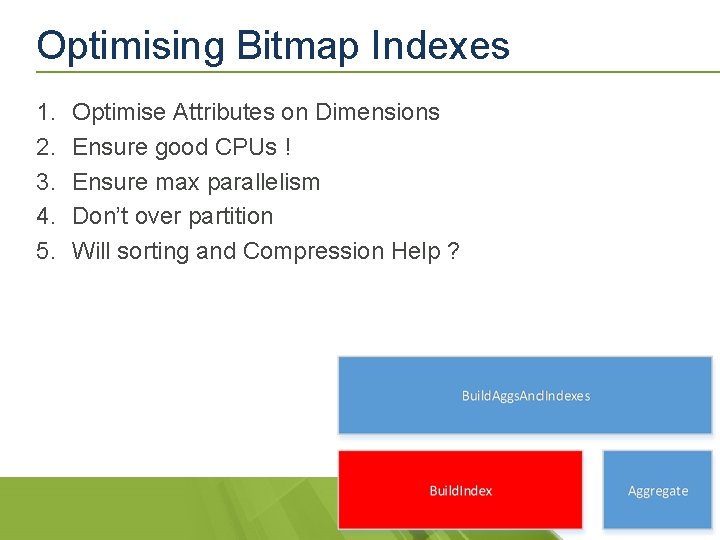 Optimising Bitmap Indexes 1. 2. 3. 4. 5. Optimise Attributes on Dimensions Ensure good