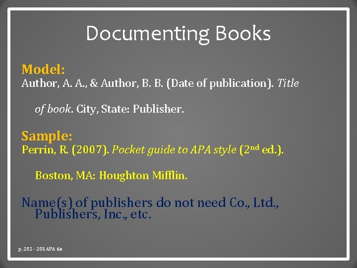 Documenting Books Model: Author, A. A. , & Author, B. B. (Date of publication).