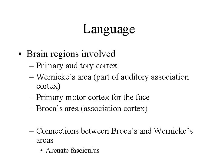 Language • Brain regions involved – Primary auditory cortex – Wernicke’s area (part of
