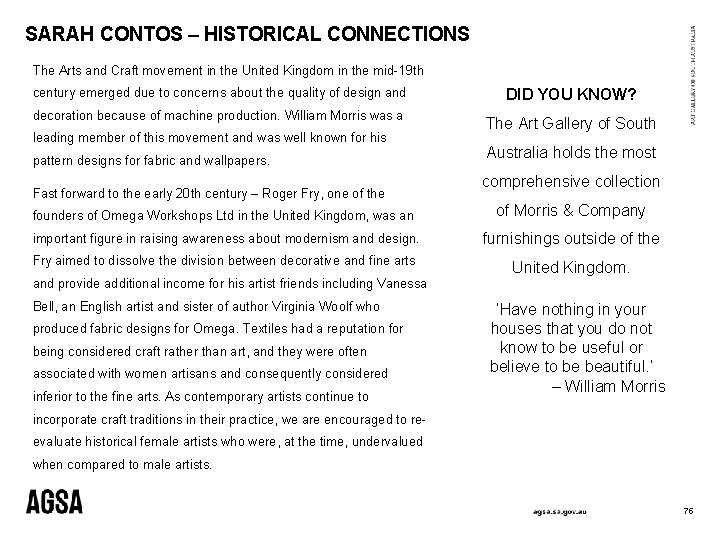 SARAH CONTOS – HISTORICAL CONNECTIONS The Arts and Craft movement in the United Kingdom