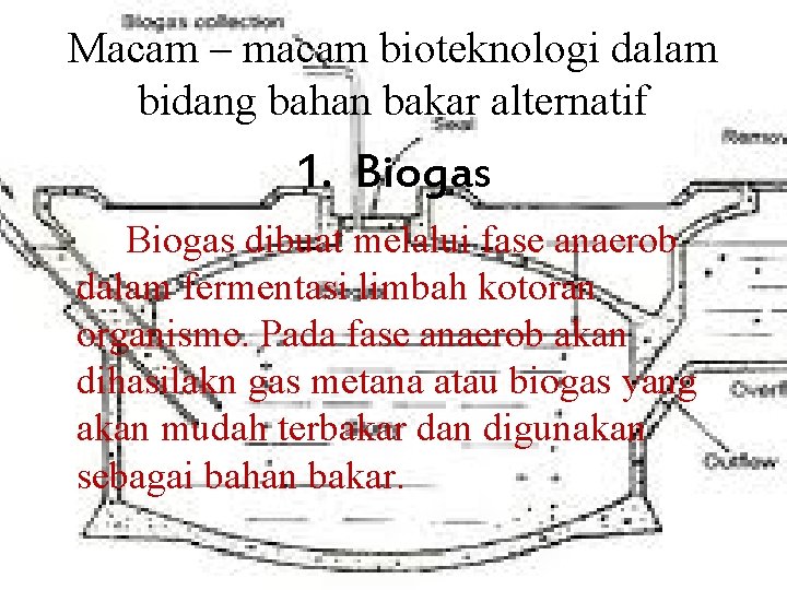 Macam – macam bioteknologi dalam bidang bahan bakar alternatif 1. Biogas dibuat melalui fase