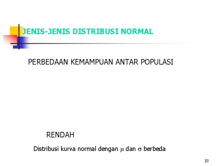 JENIS-JENIS DISTRIBUSI NORMAL PERBEDAAN KEMAMPUAN ANTAR POPULASI RENDAH Distribusi kurva normal dengan dan berbeda