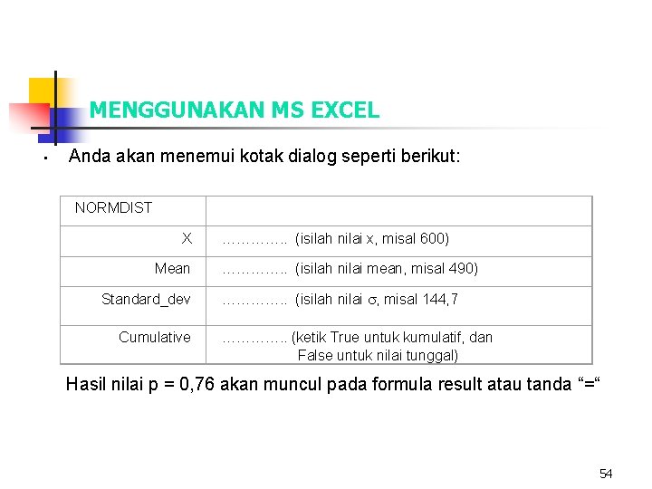 MENGGUNAKAN MS EXCEL • Anda akan menemui kotak dialog seperti berikut: NORMDIST X Mean