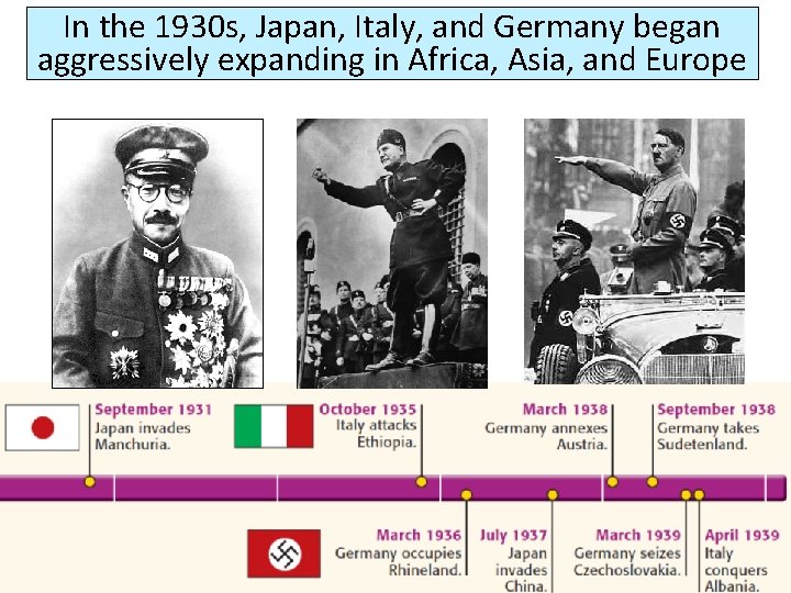 In the 1930 s, Japan, Italy, and Germany began aggressively expanding in Africa, Asia,