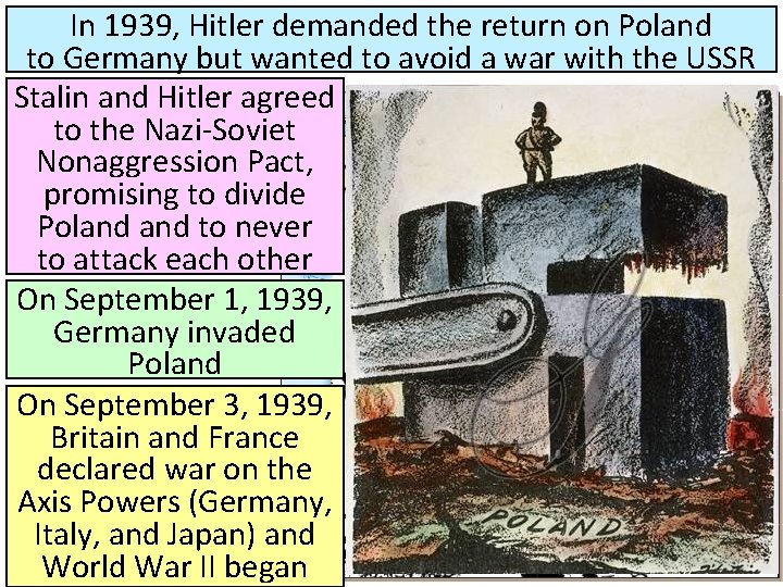 In 1939, Hitler demanded the return on Poland to Germany but wanted to avoid