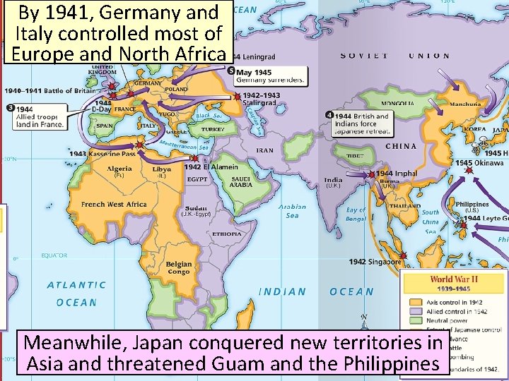By 1941, Germany and Italy controlled most of Europe and North Africa Meanwhile, Japan