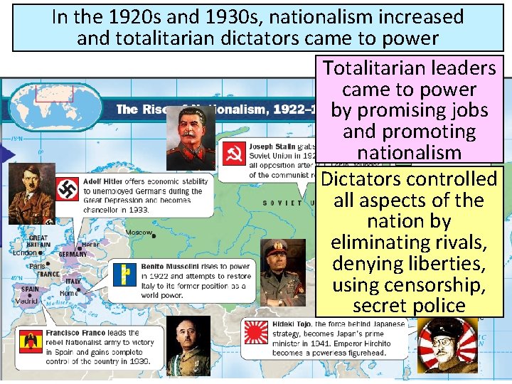 In the 1920 s and 1930 s, nationalism increased and totalitarian dictators came to