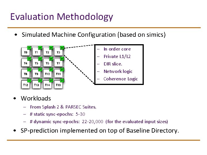 Evaluation Methodology • Simulated Machine Configuration (based on simics) – – – In order