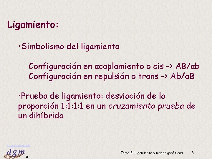 Ligamiento: • Simbolismo del ligamiento Configuración en acoplamiento o cis -> AB/ab Configuración en