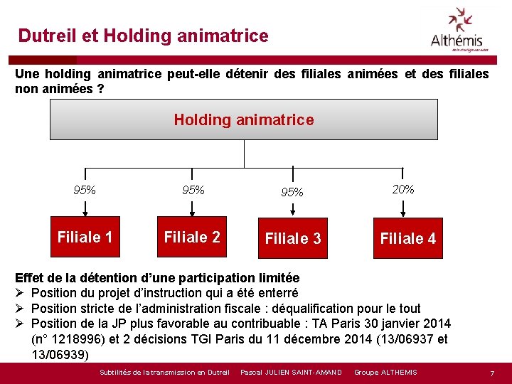 Dutreil et Holding animatrice Une holding animatrice peut-elle détenir des filiales animées et des