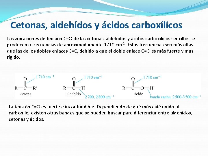 Cetonas, aldehídos y ácidos carboxílicos Las vibraciones de tensión C=O de las cetonas, aldehídos