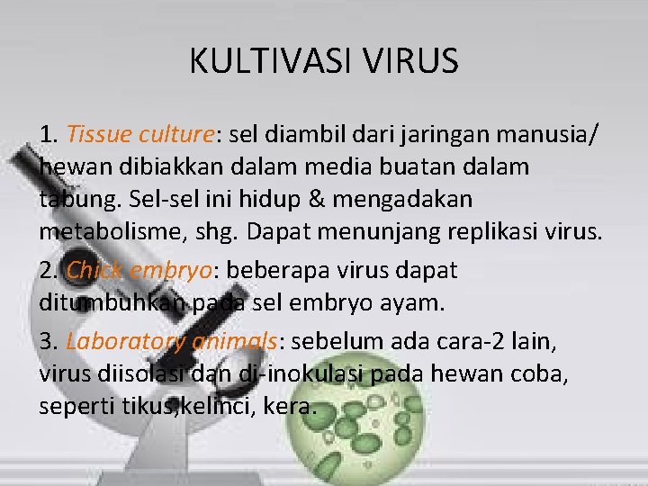 KULTIVASI VIRUS 1. Tissue culture: sel diambil dari jaringan manusia/ hewan dibiakkan dalam media