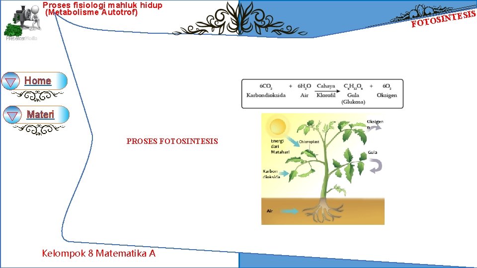 Proses fisiologi mahluk hidup (Metabolisme Autotrof) Home Materi PROSES FOTOSINTESIS Kelompok 8 Matematika A